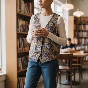 Vintage 80s 90s Tapestry Dark Floral Vest Brocade Cottagecore Fall Rose Academia